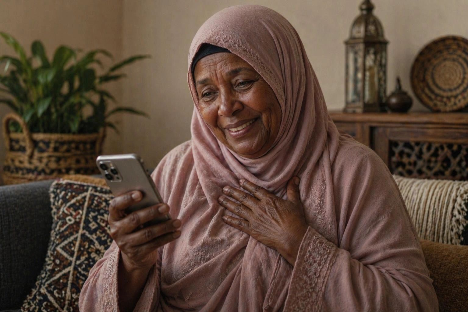 An older woman smiling at her phone — Mum feels less alone, gentle medication reminders for Dad