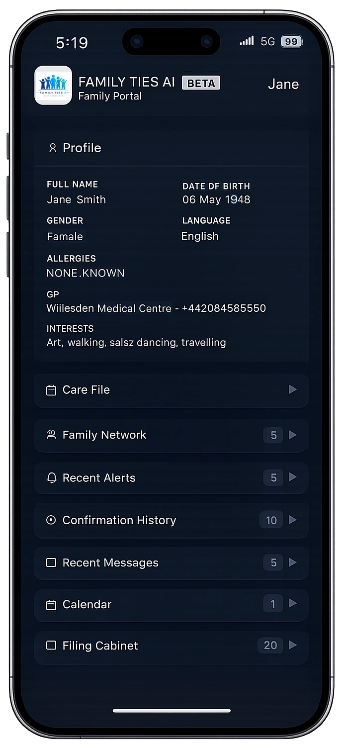 Phone screen showing the Family Ties AI Family Portal — profile, care file, family network, recent alerts and messages