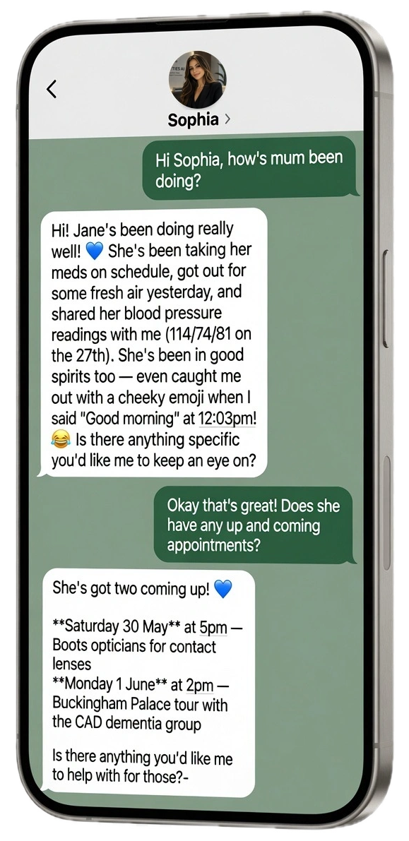 Phone screen showing a family member asking Sophia how Mum is doing, with Sophia's update on her wellbeing and appointments