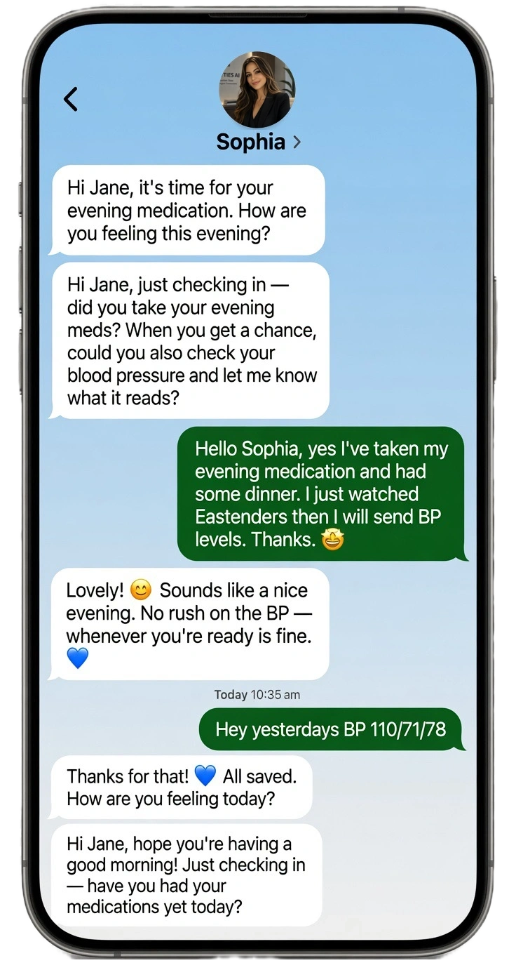 Phone screen showing Sophia messaging Jane directly — an evening medication check-in and a warm reply